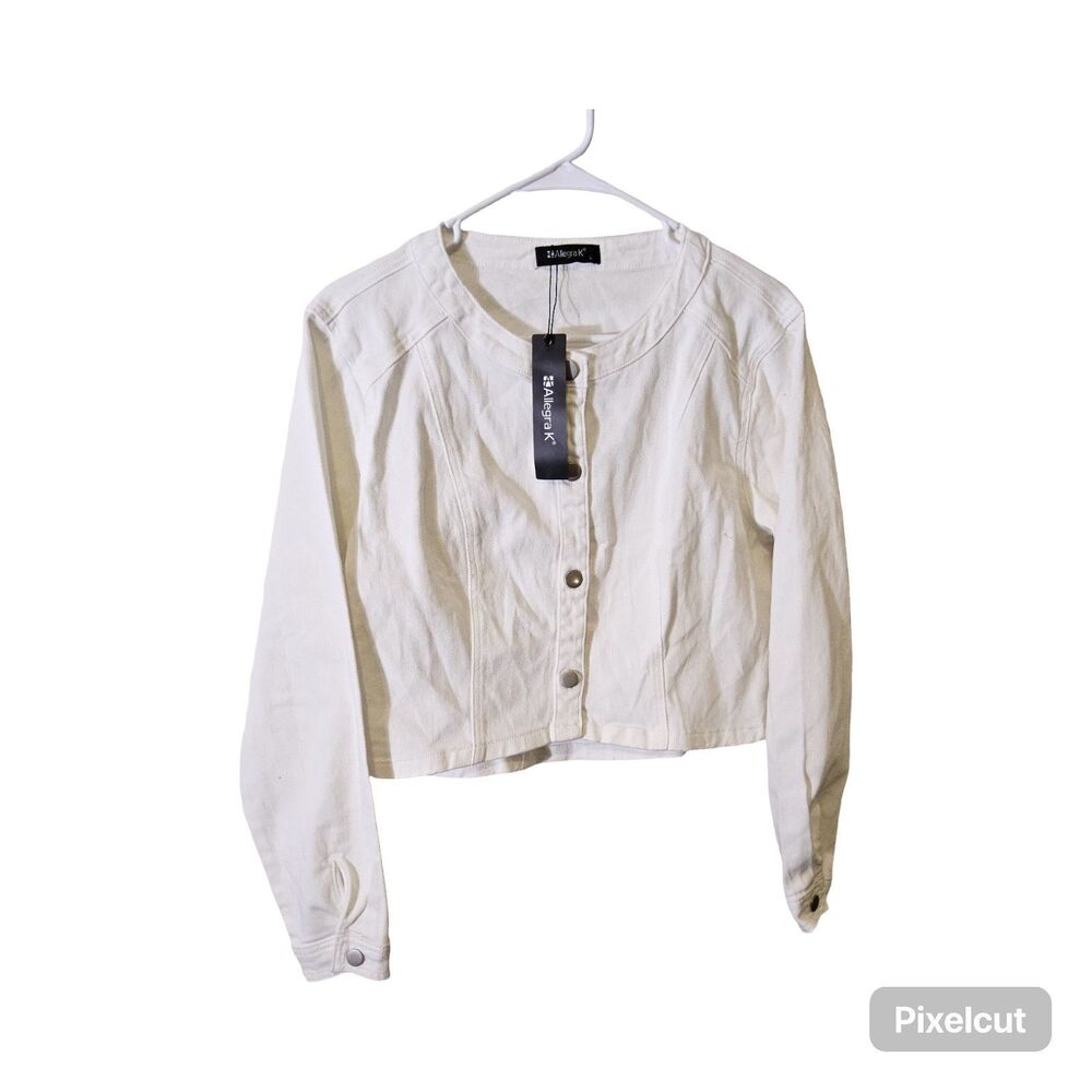 Allegra K Size Lg Denim Collarless long sleeve button down white cropped jacket - Picture 5 of 7